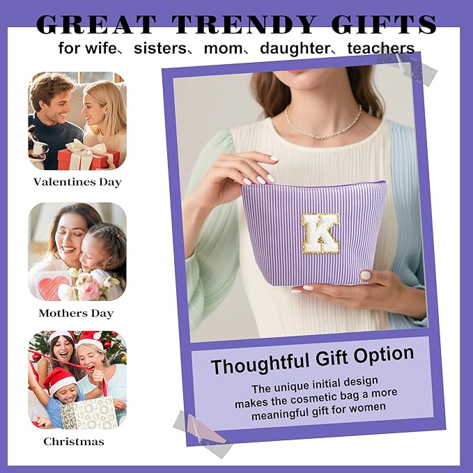 Initial Makeup Bag for Women - Travel Pouch, Portable Cosmetic Bag Make up Kit Pouch | Travel Essentials Cute Makeup Bag Birthday Gifts for Women, Purple Letter T