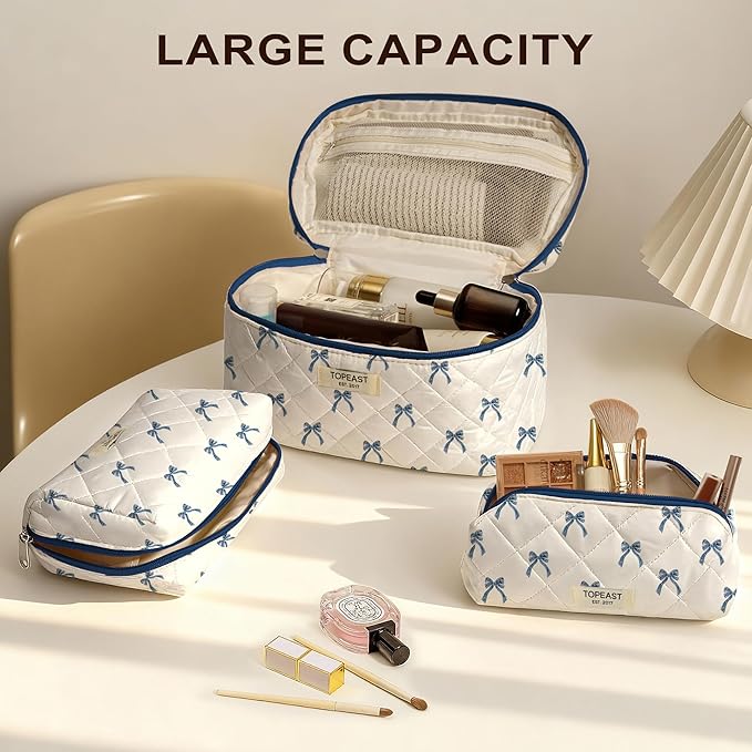 TOPEAST Travel Makeup for Women Girl, 3Pcs Large Cute Quilted Make up Bag Organizer for Purse, Portable Big Cosmetic Brush Pouch with Zipper Compartment, Blue Bow