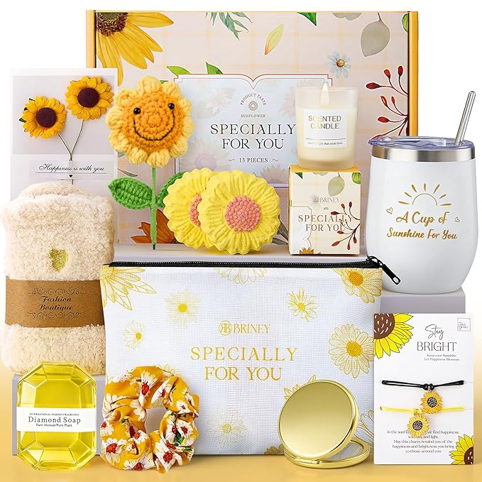 Briney 13Pcs Birthday Gifts for Women, Care Package for Women, Gift Basket, Unique Relaxing Sunflower Themed Present for Mom Wife Sister Best Friend, Yellow