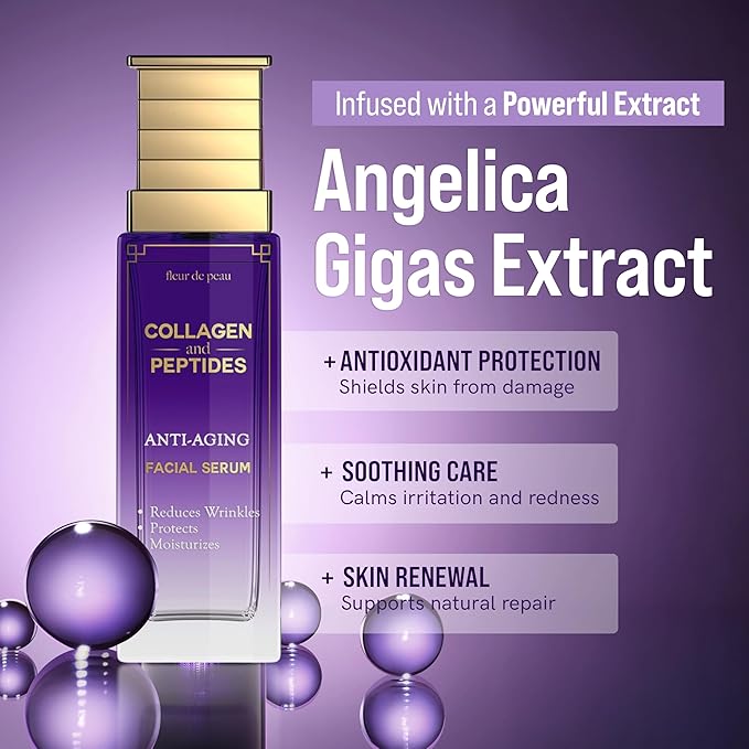 Fleur De Peau Collagen & Peptides Serum For Face - Dermatologist Tested, Anti-Aging, Ultra Hydrating, Plumping & Firming, for Fine Lines & Wrinkles - Clean Beauty, Vegan Korean Skin Care - 1.69 FL. Oz