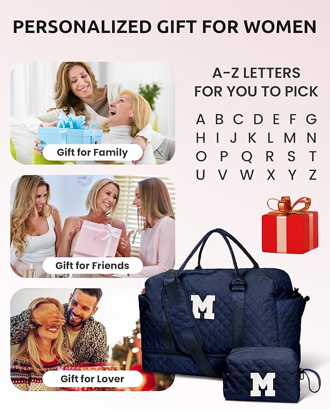 Gifts for Friends - Initial Duffle with Shoe Compartment, Personalized Weekender, Monogram Overnight, Travel Bag with Makeup Bag, Birthday Gift for Daughter/Sister (Letter I)