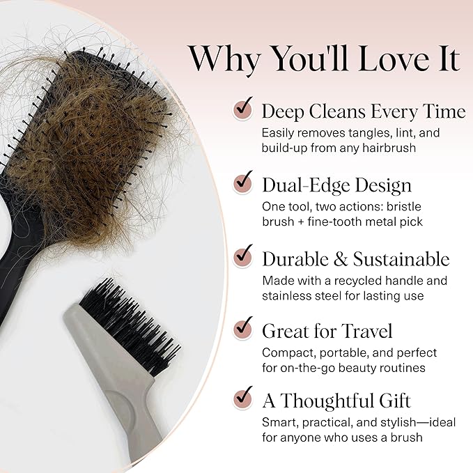 Kitsch Hair Brush Cleaner Tool | Double-Sided 2-in-1 Brush Cleaner for Hair Brushes & Combs | Eco-Friendly Cleaning Tool with Pick & Bristles, Perfect Gifts for Women | Hair Stylist Essentials