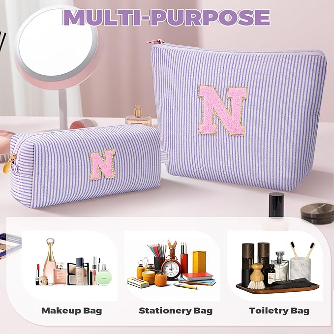 Personalized Makeup Bag for Women Girls - Fashion Cosmetic Bag Trendy Travel Toiletry Bag with Initials Letter - Teen Gifts - Lavender,N