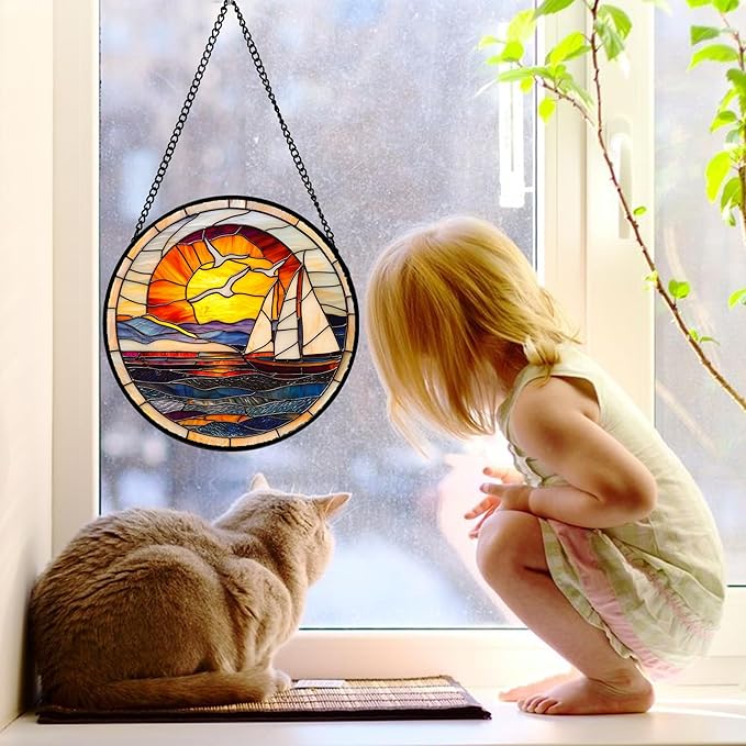 Stained Glass Window Hanging, Sun Ocean Sailboat Seagull Abstract Suncatcher Diamond Glass Panel Sun Catchers Decor for Birthday for Women, Men, Wife, Aunt, and Mom 6.3 in
