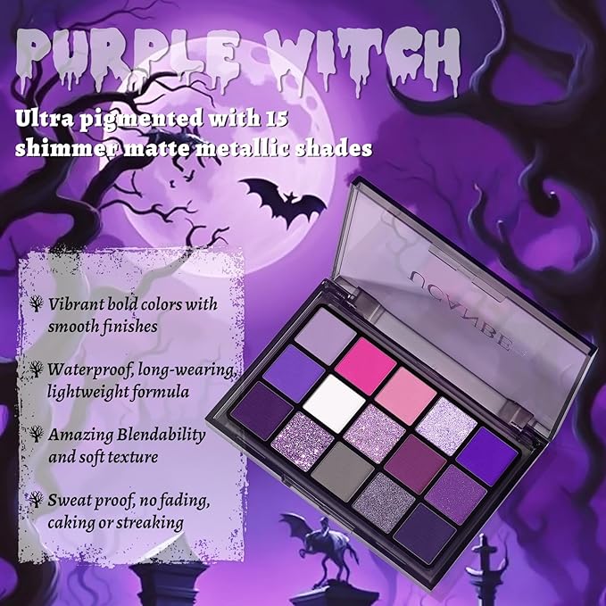 UCANBE Purple Halloween Makeup Kit – Witch Devil Sorceress Ursula Makeup Set for SFX Costume Cosplay - Eyeshadow Palette, White Foundation, Purple Lipstick, Black Eyeliner, Setting Powder & Sponges