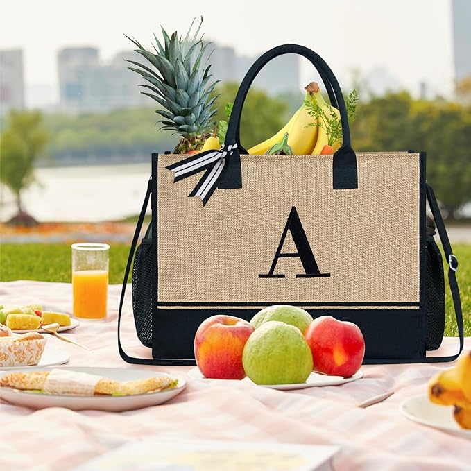 TOPDesign Personalized Initial Canvas Tote Bag, for Wedding, Birthday, Beach, Perfect Gifts for Women, Mom, Teachers, Friends