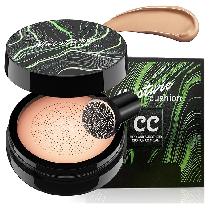 Mushroom Head Air Cushion CC Cream - Oil Control & Moisturizing Concealer Makeup Base, Brighten Long - Lasting Even Color Correcting Concealer Full Coverage for All Skin Types (Medium Deep)