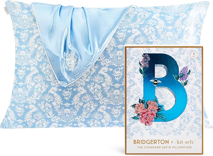 Kitsch x Bridgerton Satin Pillowcase with Zipper for Hair Skin, Softer Than Silk Pillow Cases, Wrinkle-Free, Cooling Satin Pillow Covers, Bridgerton - Toile De Blue, Standard Size (19"x26")