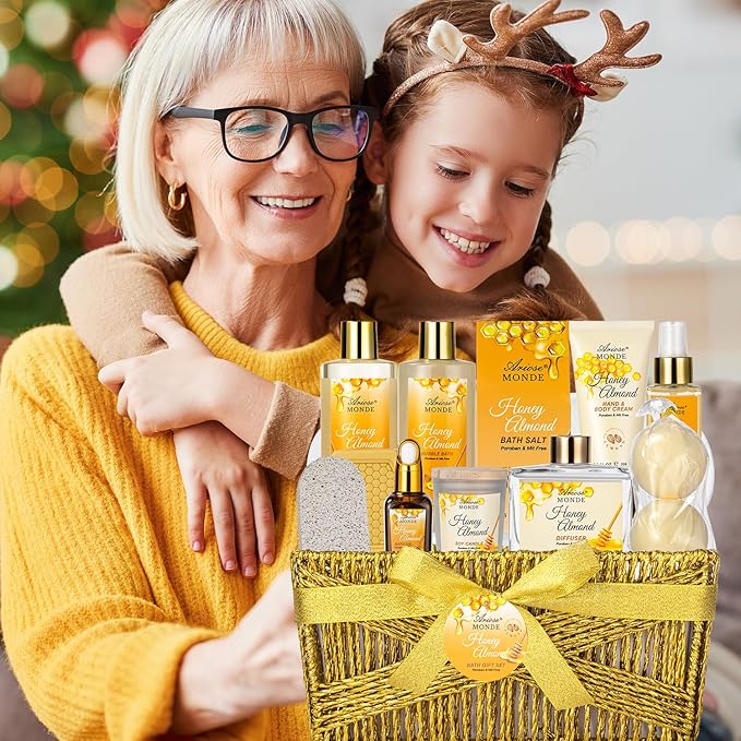 Bath & Body Gift Set, Luxury Home Spa Bath Gift Basket, Honey Almond Scented Bath Set, Pamper Gifts for Women & Teens, 15 Pcs Relaxing Home Spa Kit with Bubble Bath, Bath Salts, Body Lotion