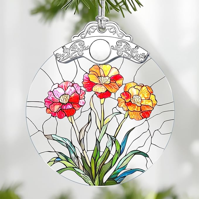 Christmas Ornaments: Stained Glass-Style January Birth Flower Ornament – Christmas Tree Decorations, Holiday Party Gifts, Mother's Day & Birthday Gifts for Women, Mom & Grandma | Birth Flower Gift