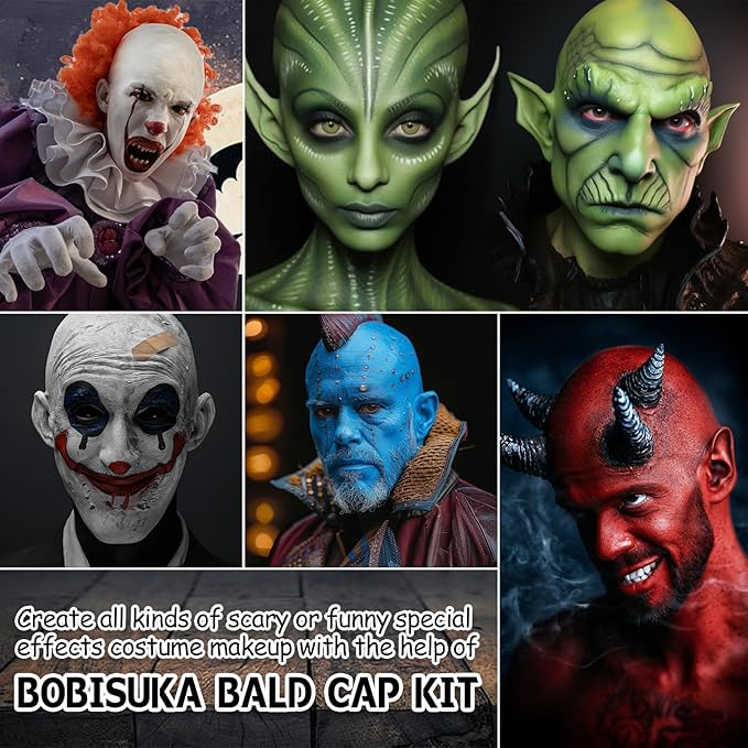 Bald Cap Halloween Makeup Kit for Men & Woman, Complete Bald Cap Costume Character Set, Realistic Bald Cap Kits for Cosplay Make Up, SFX Makeup, Dress-Up Party, Stage, Theater & Film