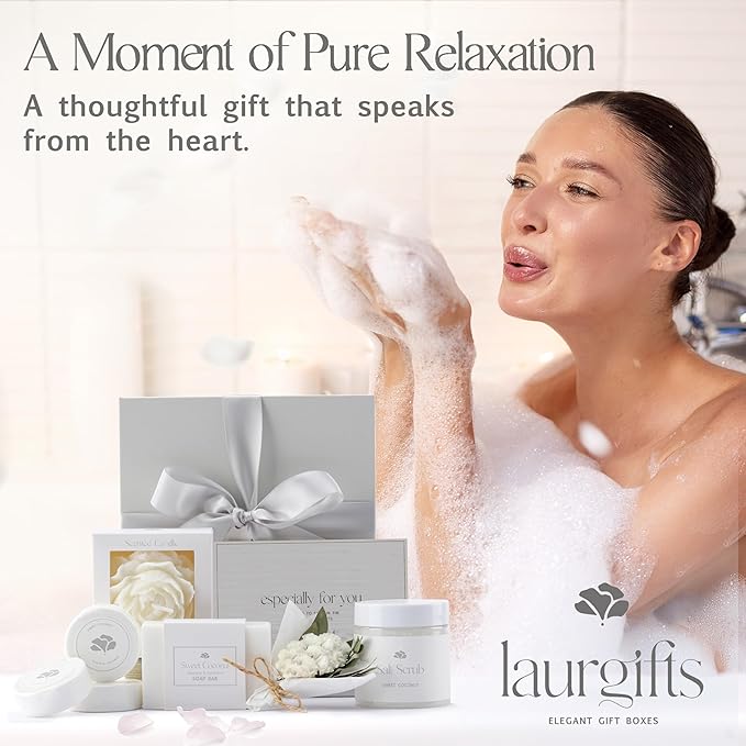 Sweet Coconut Spa Gift Set for Women – Relaxation Gift Basket with Candle, Soap, Salt Scrub & Shower Steamers – Unique Birthday, Bridal Shower, Thank You & Self Care Gifts