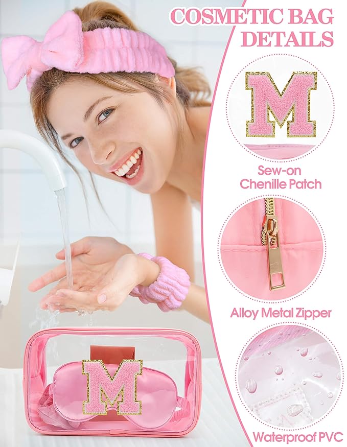 Gift Sets for Women, Initial Makeup Bag with Makeup Brush Set Bachelorette Party Favors, Pink Spa Kit with Skincare Headbands Wrist Bands Sleepover Party Supplies Gifts for Teen Girls Bridesmaid M