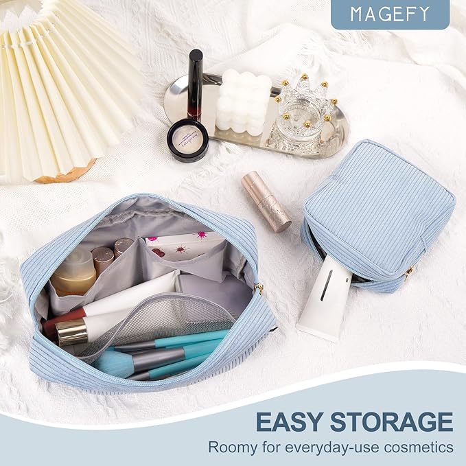 MAGEFY Small Makeup Bag for Purse Mini Cosmetics Bag Corduroy Cute Cosmetic Pouch for Women with Slip-in Pockets