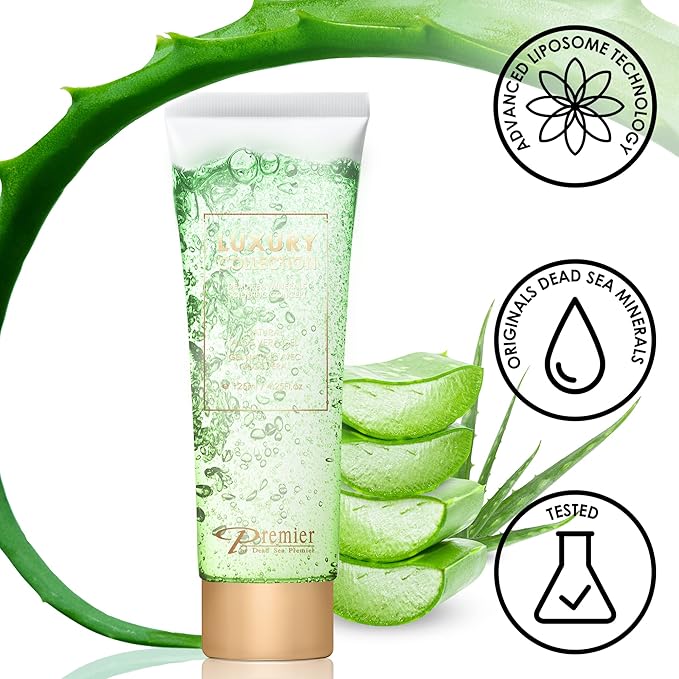 Dead Sea Premier Natural Aloe Vera Gel – Organic, pure, for Face, Hair and Body, good for Sun Burn Relief, Bug or Insect Bites, Dry Damaged Aging skin, Razor Bumps & Acne. silky, non-tacky – 4.25Fl.oz