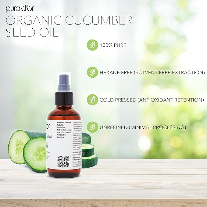 PURA D'OR 4 Oz Organic Cucumber Seed Oil100% Pure USDA Certified Premium Grade All Natural Moisturizer, Cold Pressed, Unrefined, Hexane-Free Base Carrier Oil for DIY Skin Care For Men & Women