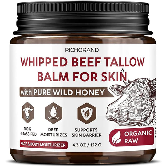 Beef Tallow for Skin – Whipped Tallow and Honey Balm with Grass-Fed Beef Tallow – Organic Daily Tallow Face Moisturizer & Body Balm – Deep Nourishment for Dry, Cracked, Sensitive Skin - 4.3 OZ