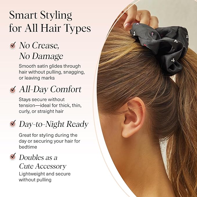 Kitsch & Mickey/Minnie Fabric Rhinestone Scrunchies for Women, Hair Scrunchies for All Hair Types, Recycled Polyester, Perfect for Updo or Half Up Ponytail | Ideal Gifts for Women (Black) - 1 Piece