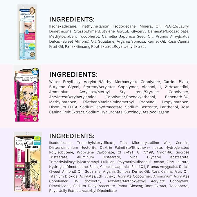 HEROINE MAKE by KISSME Waterproof Mascara Black by Defining Fiber for Long and Curl Eye Makeup for Women + Smooth Liquid Black Eyeliner, Smudge-free + Gentle Mascara Remover Oil Free, 3 Set