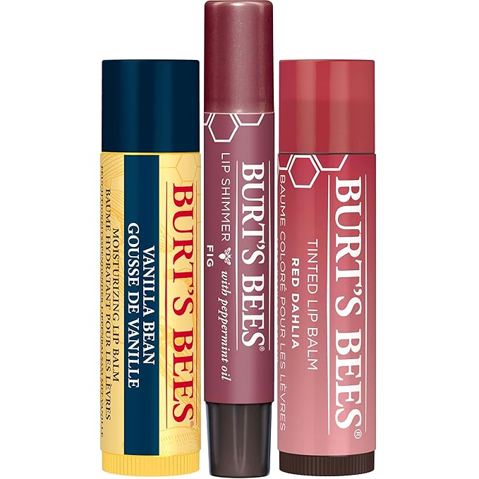 Burt's Bees Christmas Gifts, 3 Lip Care Stocking Stuffers Products, Mistletoe Kiss Set - Vanilla Bean Moisturizing Lip Balm, Red Dahlia Tinted Lip Balm & Fig Lip Shimmer (3-Pack)