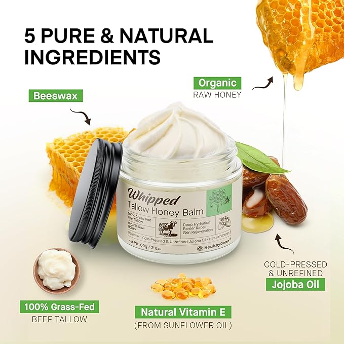 Beef Tallow Honey Balm for Skin: 100% Grass Fed Whipped Organic Moisturizer with Organic Raw Honey, Jojoba Oil, Vitamin E – Natural Face and Body Care for Mature, Dry or Sensitive Skin, 2oz