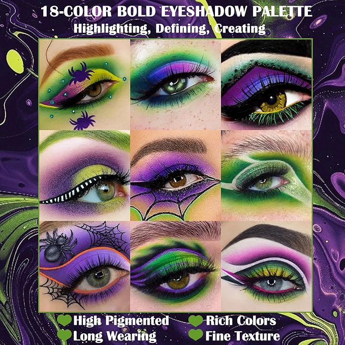 Green Purple Goth Eyeshadow Palette Makeup- 18 Colors Matte Shimmer Metallic Bright & Dark Smoky Gothic Eye Shadows for Halloween Christmas Grinch Witch Beetle-juice Ursula SFX Cosplay Costume Make Up