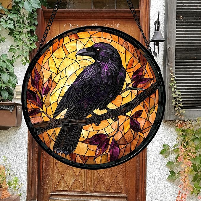 Stained Glass Window Hanging - Crow on a Branch Suncatcher Ready to Hang Window Doors Home Decoration and Christmas, Mother's Day Birthday Gifts for Women, Men, and Mom 14.9x14.9 in