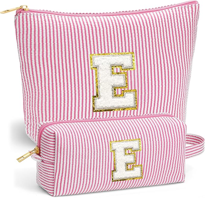 Initial Makeup Bag Set - Cute Pink Stuff for Women, Makeup Pouch Cosmetic Bag, Travel Essentials Toiletry Bag, Birthday Christmas Gifts for Women Stocking Stuffers, Pink Letter E