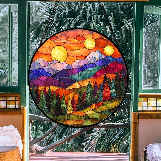 Stained Glass Window Hanging, Sunset Abstract Sun Catchers Colorful Glass Panel Landscape Suncatcher Decor for Birthday for Women, Men, Wife, Aunt, and Mom 14.9x14.9 in