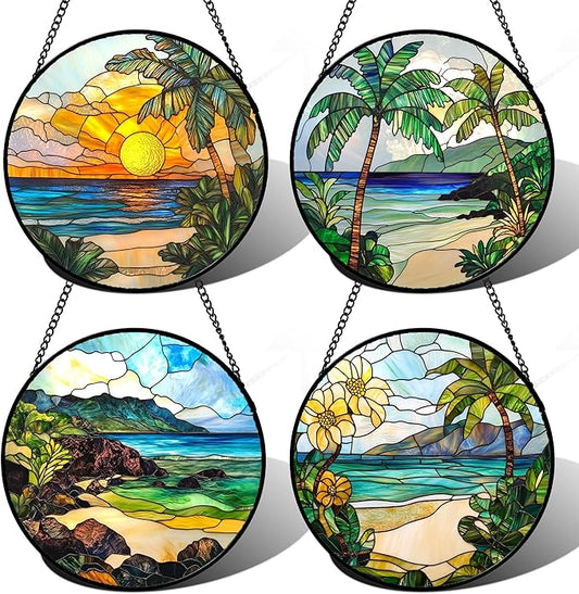 Stained Glass Window Hanging 4 Pcs Set Blue Ocean Coconut Tree Scenery 9.8" - Suncatcher Door Garden Sun Catcher Decor Birthday Christmas for Mom Woman Nana Men