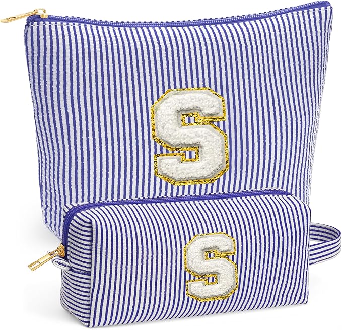 Travel Cute Makeup Bag Set - Make up Cosmetic Bag for Women, Small Makeup Bag for Purse Makeup Kit | Blue Stuff Birthday Gifts for Women Travel Essentials, Blue Letter S