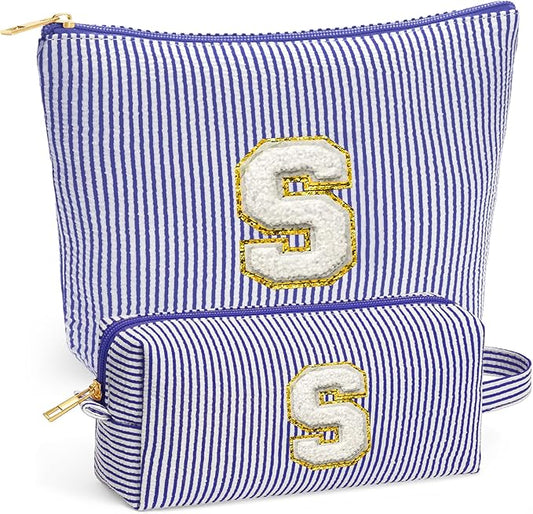 Travel Cute Makeup Bag Set - Make up Cosmetic Bag for Women, Small Makeup Bag for Purse Makeup Kit | Blue Stuff Birthday Gifts for Women Travel Essentials, Blue Letter S