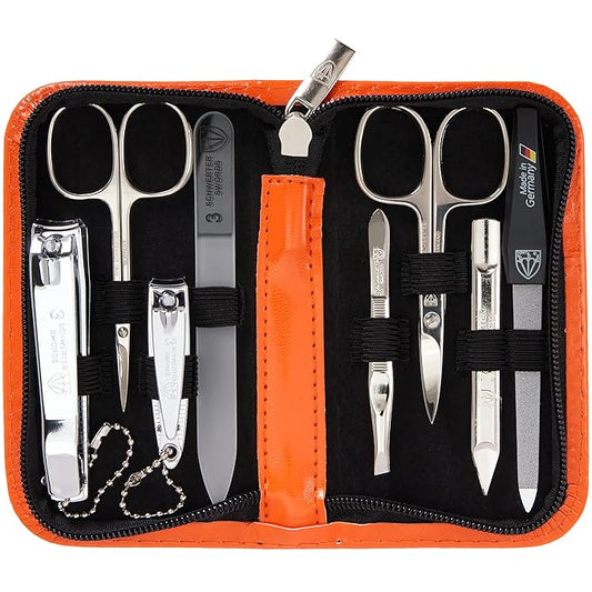 3 Swords Germany - brand quality 8 piece manicure pedicure grooming kit set synthetic leather case orange - Made in Germany
