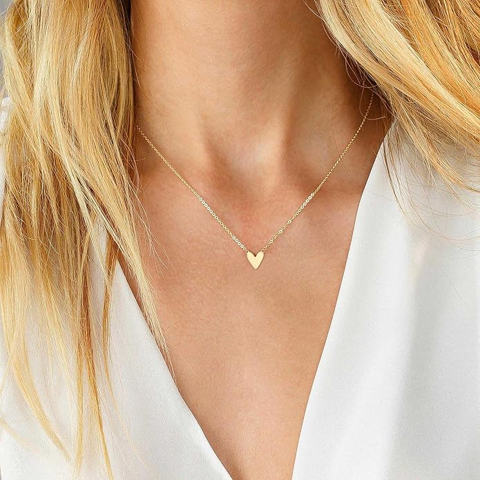 Dainty Gold Heart Necklace for Women - 14K Gold/Silver Plated Cute Heart Handmade Disc Circle Bee Choker Adjustable Necklace for Women Trendy Jewelry