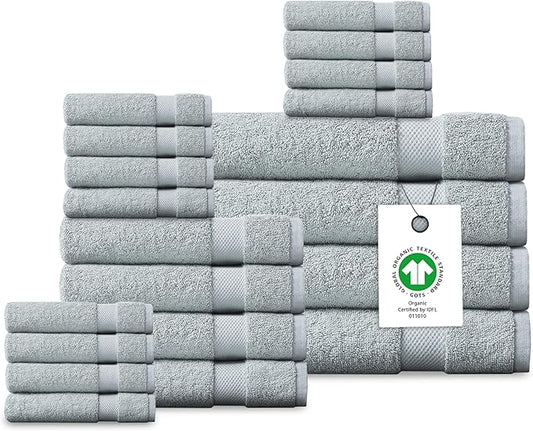 Delara Organic Cotton Luxuriously Plush Bath Towel 20 Piece Set|GOTS & Oeko-TEX Certified|Premium Hotel Quality Towels|Feather Touch Technology|650 GSM Long Staple|Soft, Quick Dry & Ultra-Absorbent