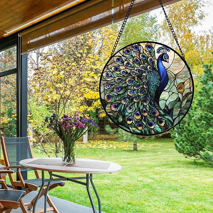 Stained Glass Window Hanging, Blue Green Peacock Decor Suncatcher for Door Garden Home Decoration Bird Sun Catchers Christmas Mother's Day Birthday Gifts for Women Men Mom Nana Friend 7.8 in