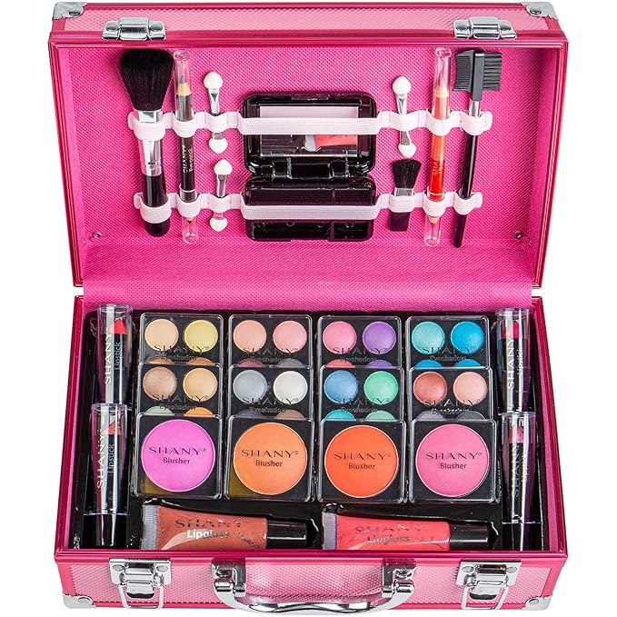 SHANY Carry All Make up Train Case with Pro Makeup Set, Beauty Brushes, Lipsticks, Eye Shadows, Blushes, Powders, and more - Reusable Cosmetics Storage Organizer - Premium Gift Packaging - Pink