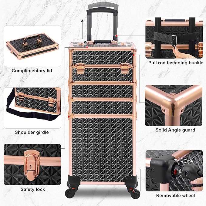 Rolling Makeup Case, Makeup Train Case with Lid, 5 in 1 Cosmetology Case on Wheels, Christmas Gift, Large Makeup Organizers, Profesional Cosmetic Case for Salon Barber, Black gold