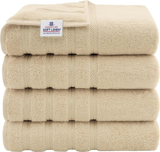 American Soft Linen Luxury 4 Piece Bath Towel Set, 600 GSM 100% Cotton Turkish Bath Towels for Bathroom, 27x54 in Extra Large Bathroom Shower Towels, Beige