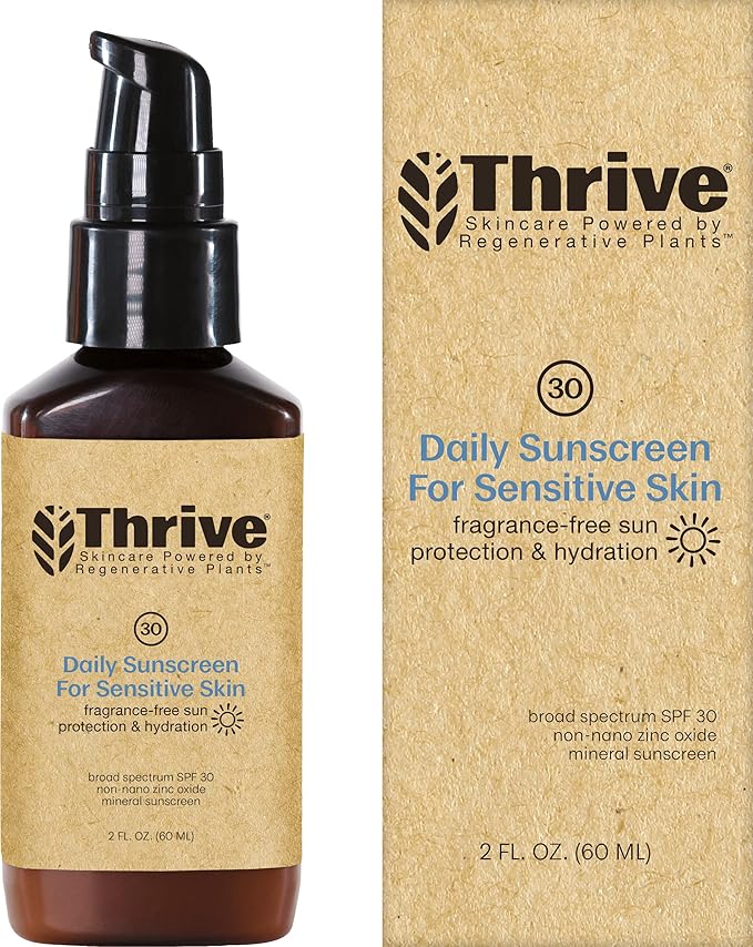 Thrive Natural Care Mineral Face Sunscreen for Sensitive Skin SPF 30, 2 Ounces - Moisturizing Unscented Sunscreen for Face - Broad Spectrum with Clear Zinc Oxide - Vegan