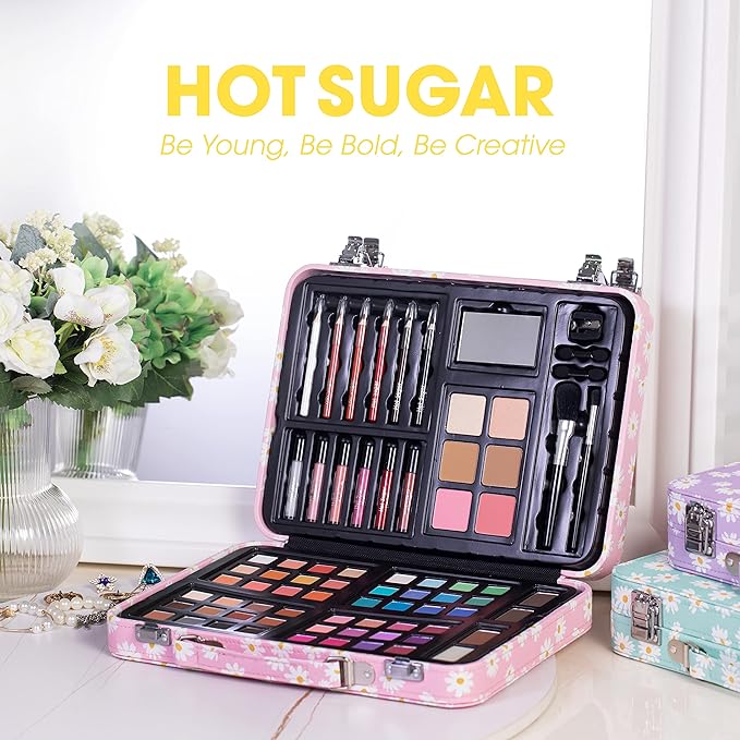 Hot Sugar Makeup Kit for Teenager Girls 10-12, All in One Beginner Makeup Kit for Women Full Kit, Teen makeup kit Cosmetic Gift Set on Birthday Christmas (Pink Daisy)