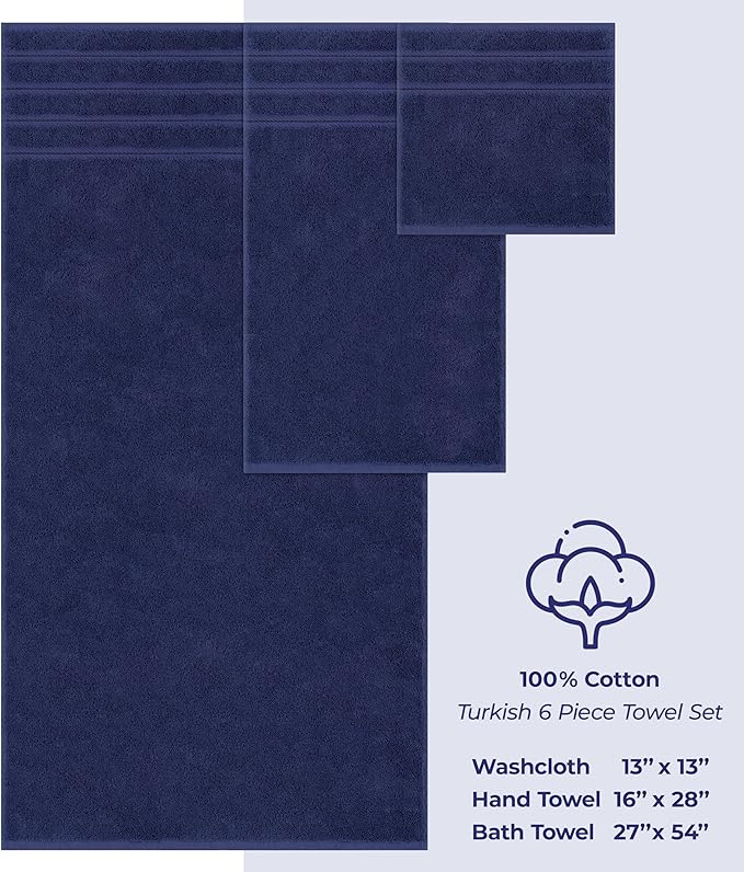 American Soft Linen Luxury 6 Piece Towel Set, 2 Bath Towels 2 Hand Towel 2 Washcloths, 600 GSM 100% Cotton Turkish Towels for Bathroom, Navy Blue Towel Sets