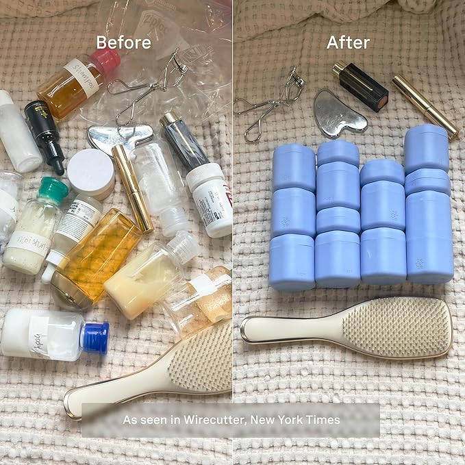 Cadence Travel Containers - Core Skincare Set - Magnetic Containers with Lids,2 Small (0.56oz) & 3 Medium (1.32oz) - Cleanser, Moisturizer, Serum, Makeup Remover & Sun Icon Labels - Pacific