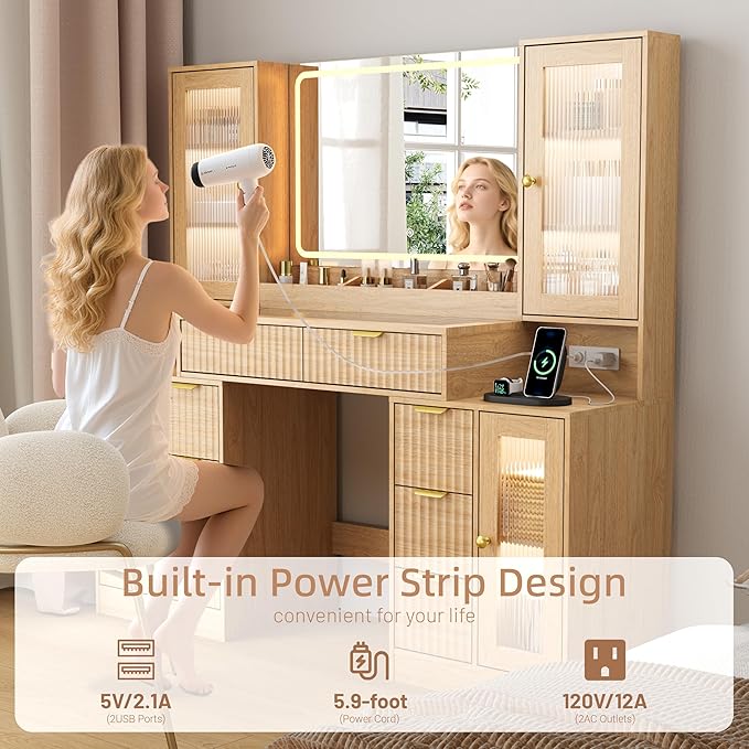 55" Vanity Desk with Mirror & Lights, Fluted Makeup Vanity with 8 Drawers & 4 Cabinets, Tempered Glass Top, RGB Cabinet Lighting, 3-Color Dimmable Mirror, and Charging Station (Natural Oak)