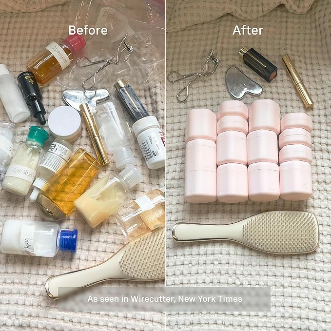 Cadence Travel Containers - Core Skincare Set - Magnetic Containers with Lids,2 Small (0.56oz) & 3 Medium (1.32oz) - Cleanser, Moisturizer, Serum, Makeup Remover & Sun Icon Labels - Petal