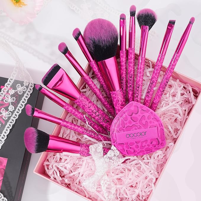 docolor Makeup Brushes 12PCS Pink Leopard Makeup Brush Set Premium Synthetic Foundation Powder Concealers Eyeshadow Blush Make Up Brushes with 1PC Large Powder Puffs