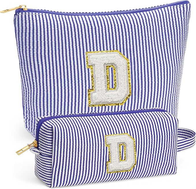 Travel Essentials - Portable Travel Makeup Bag Set for Women, Portable Initial Travel Toiletry Bag, Makeup Pouch Organizer Cosmetic Bag Birthday Gifts for Women, Blue Letter D