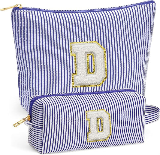 Travel Essentials - Portable Travel Makeup Bag Set for Women, Portable Initial Travel Toiletry Bag, Makeup Pouch Organizer Cosmetic Bag Birthday Gifts for Women, Blue Letter D