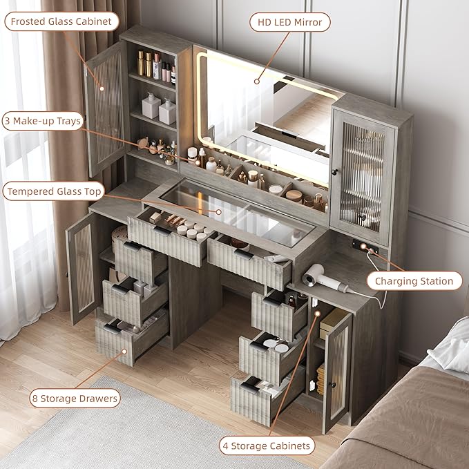 55" Vanity Desk with Mirror & Lights, Fluted Makeup Vanity with 8 Drawers & 4 Cabinets, Tempered Glass Top, RGB Cabinet Lighting, 3-Color Dimmable Mirror, and Charging Station (Gray Wash)