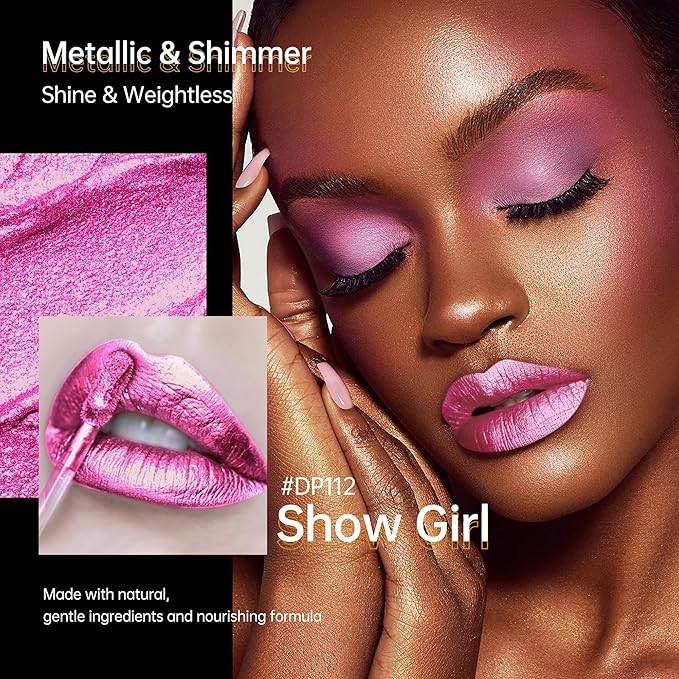Hot Pink Lipsticks for Women Metallic Lipstick Long Lasting Non Stick Cup Lip Gloss, Shimmer Lightweight Hydrating Full Coverage Lip Color,DP112 Show Girl